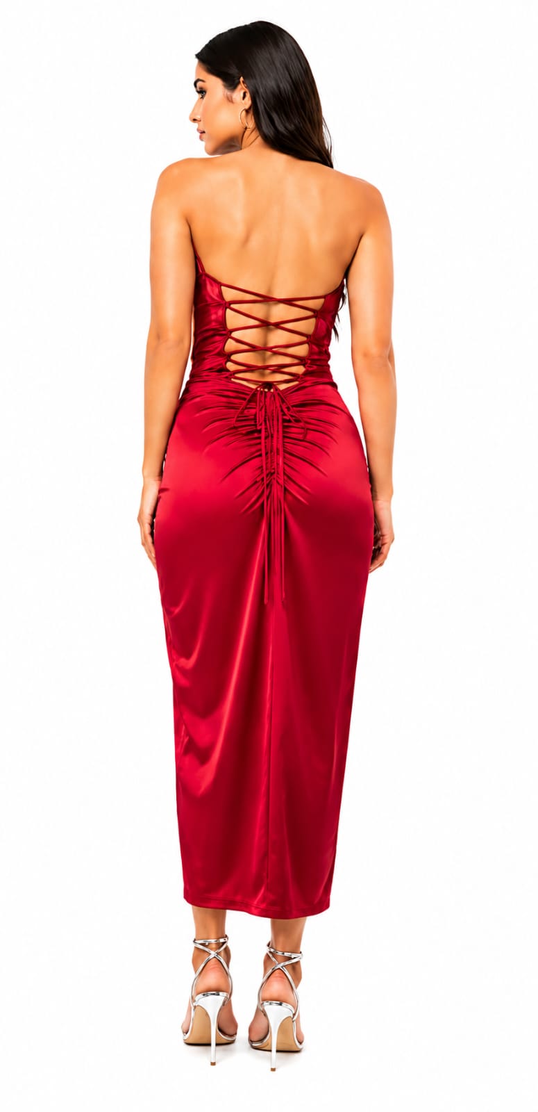 Scarlet Red Satin Ruched Side Slit Maxi Dress