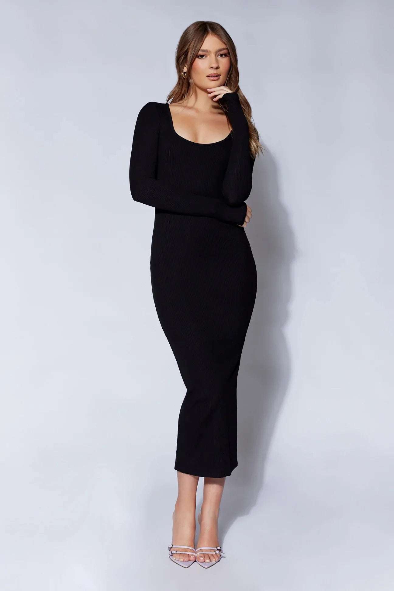 CALI Scoop Neck Long Sleeve Midi Dress in ivory