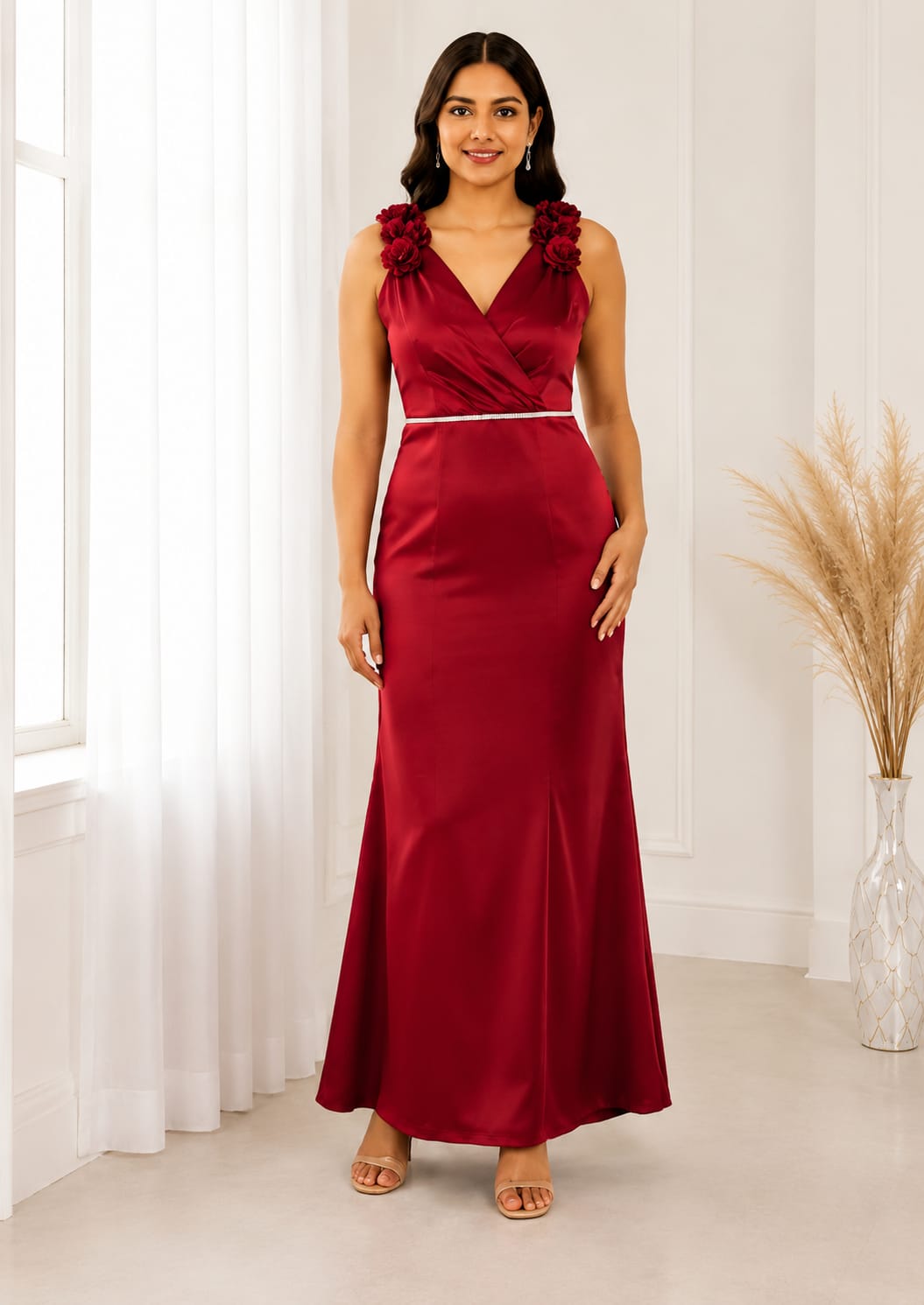 Ruby Blossom Satin Maxi Dress