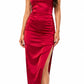 Scarlet Red Satin Ruched Side Slit Maxi Dress