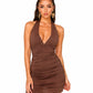Women's Chocolate Brown Halter Neck Ruched Bodycon Mini Dress
