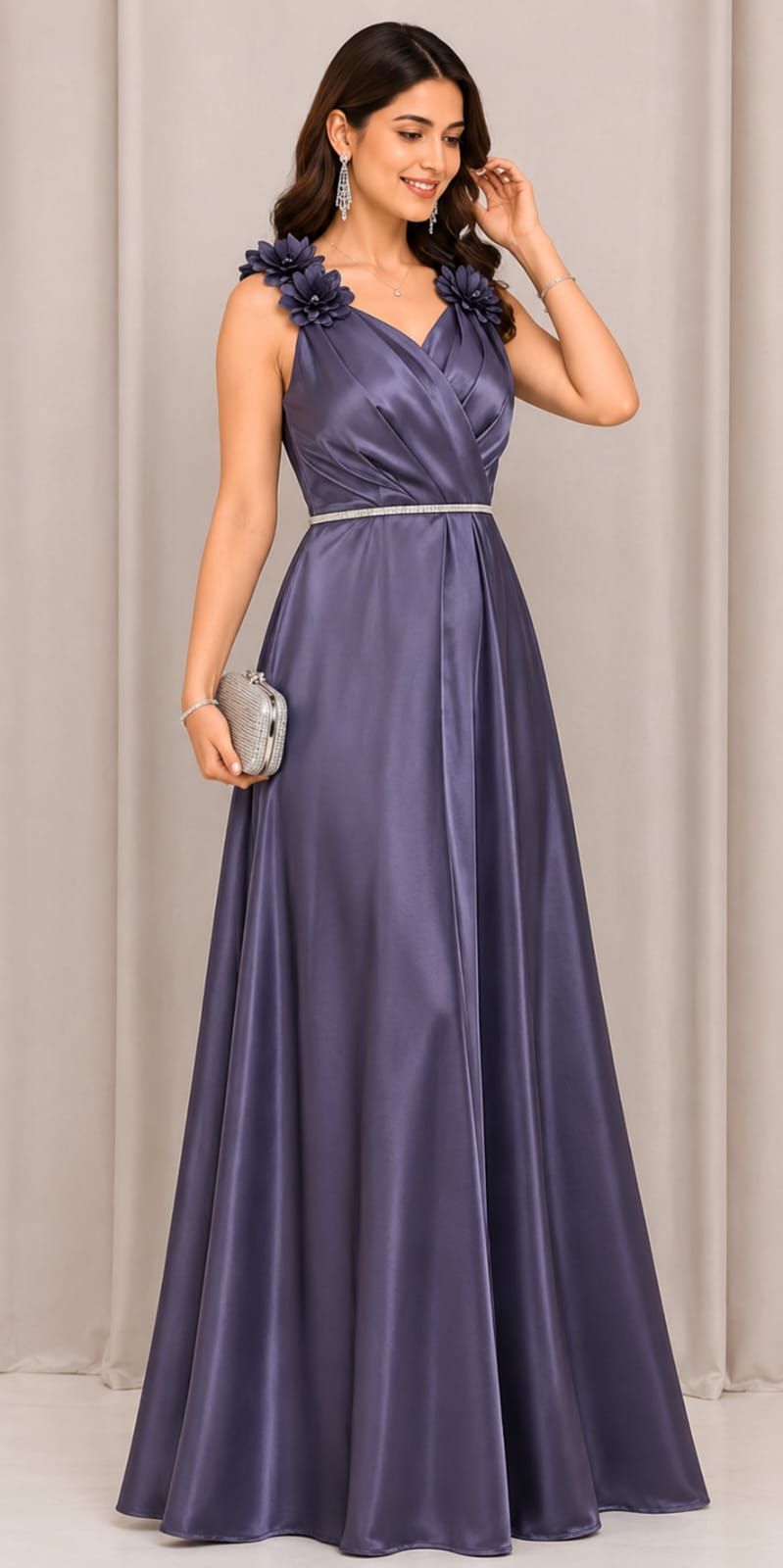 Celeste Floral Shoulder Satin Maxi Gown
