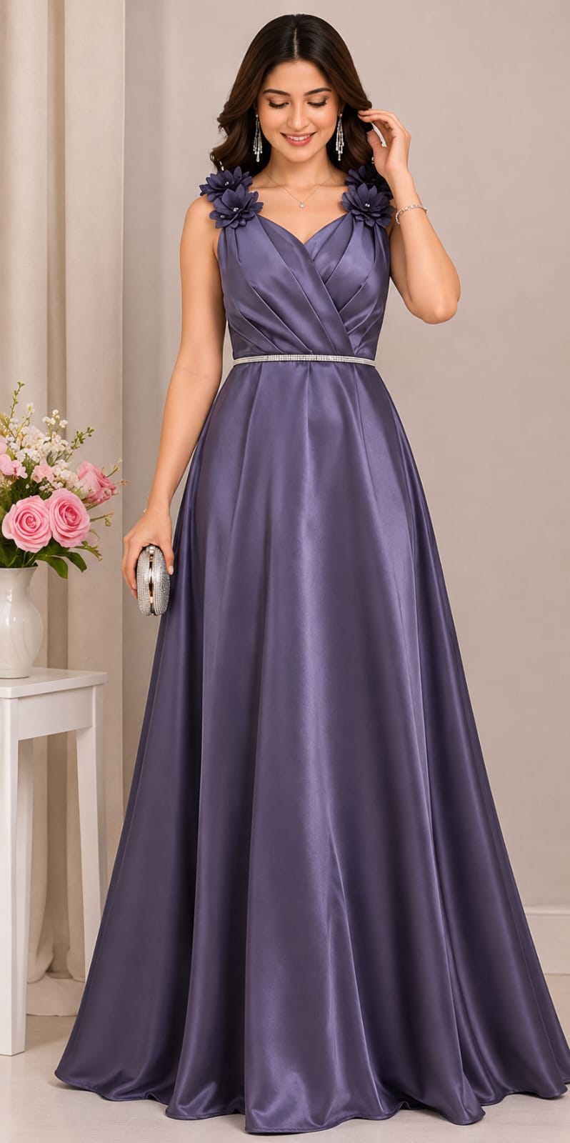Celeste Floral Shoulder Satin Maxi Gown
