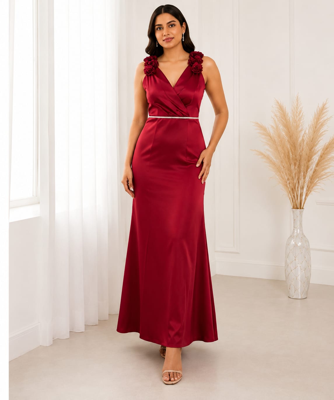 Ruby Blossom Satin Maxi Dress