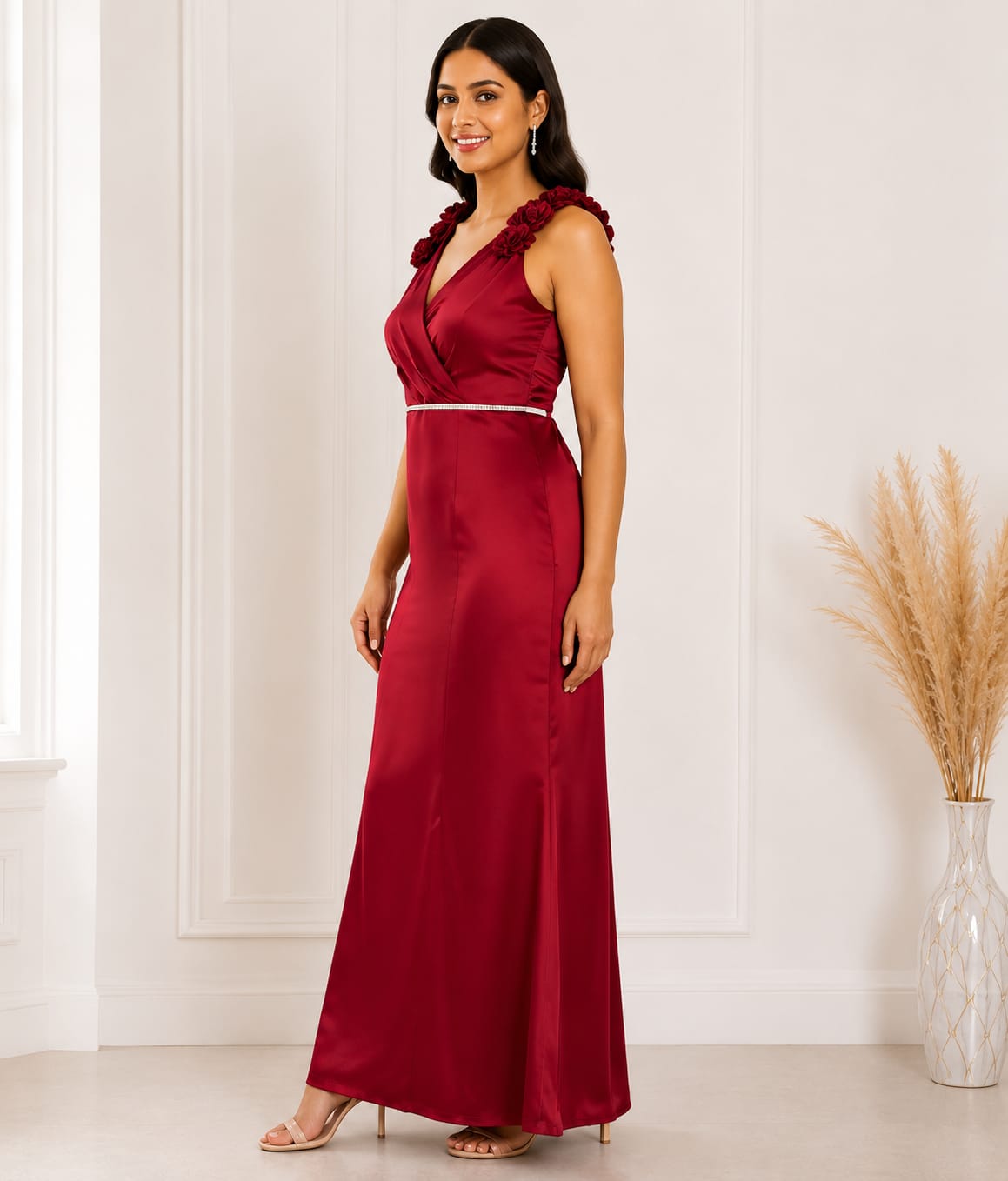 Ruby Blossom Satin Maxi Dress