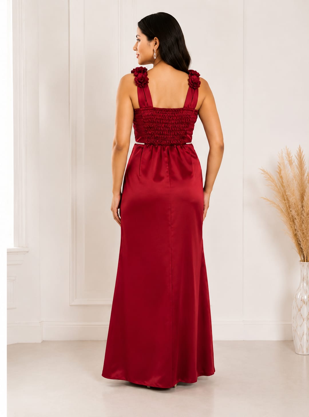 Ruby Blossom Satin Maxi Dress