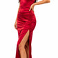 Scarlet Red Satin Ruched Side Slit Maxi Dress