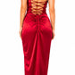 Scarlet Red Satin Ruched Side Slit Maxi Dress