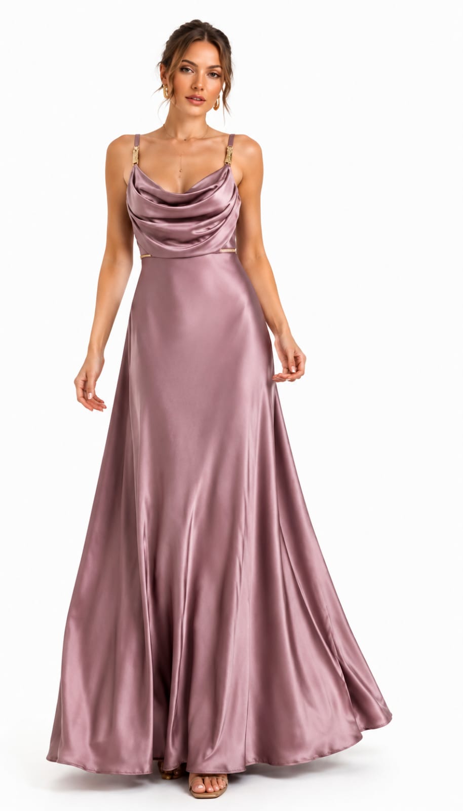 Dusty Mauve Satin Cowl Neck Maxi Dress